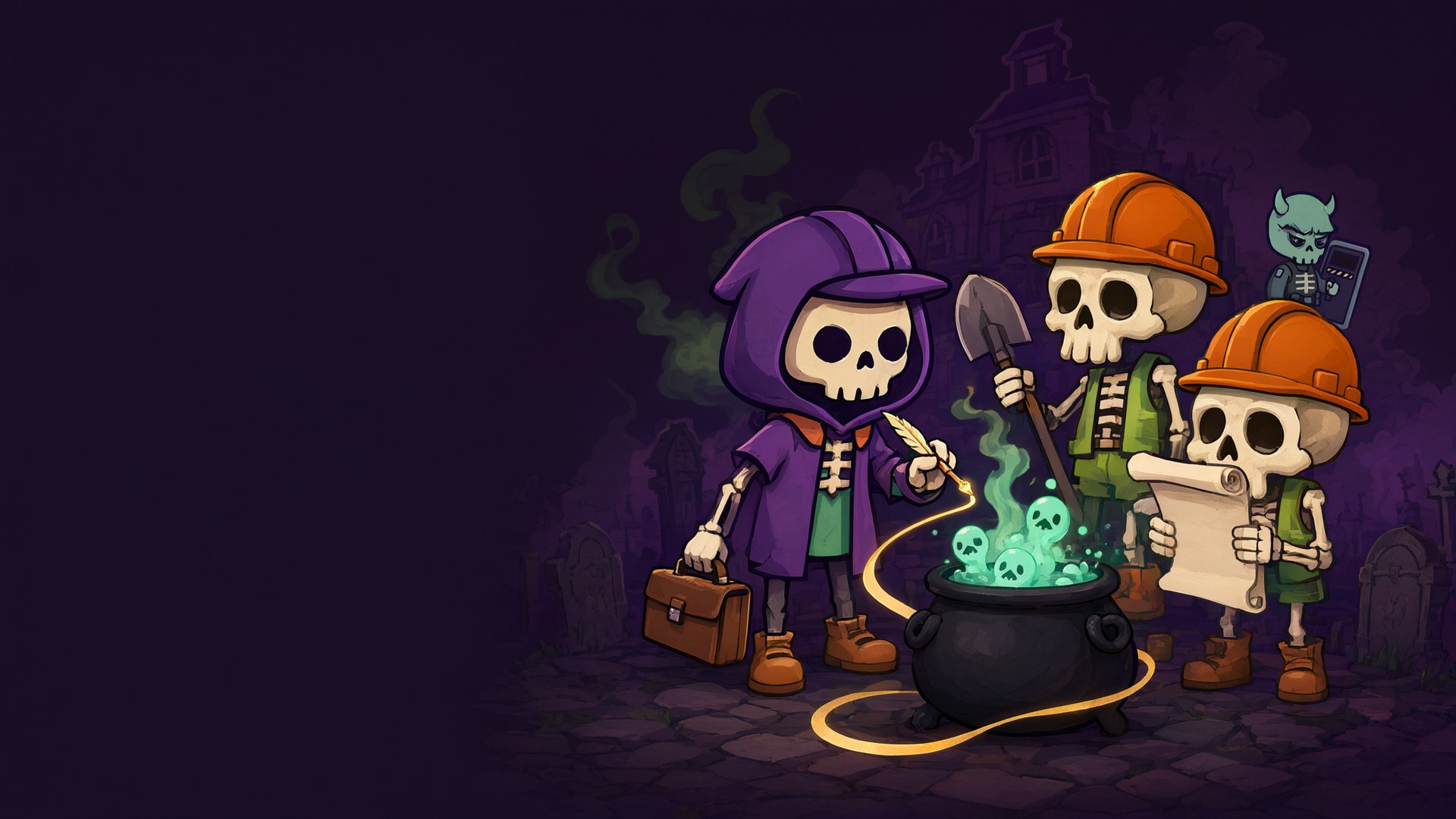 A necromancer and skeletal contractors defend the Soul Cauldron