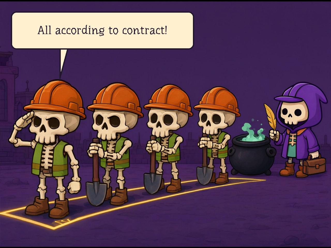 Formation: skeletal contractors line up along the contract. All according to contract!