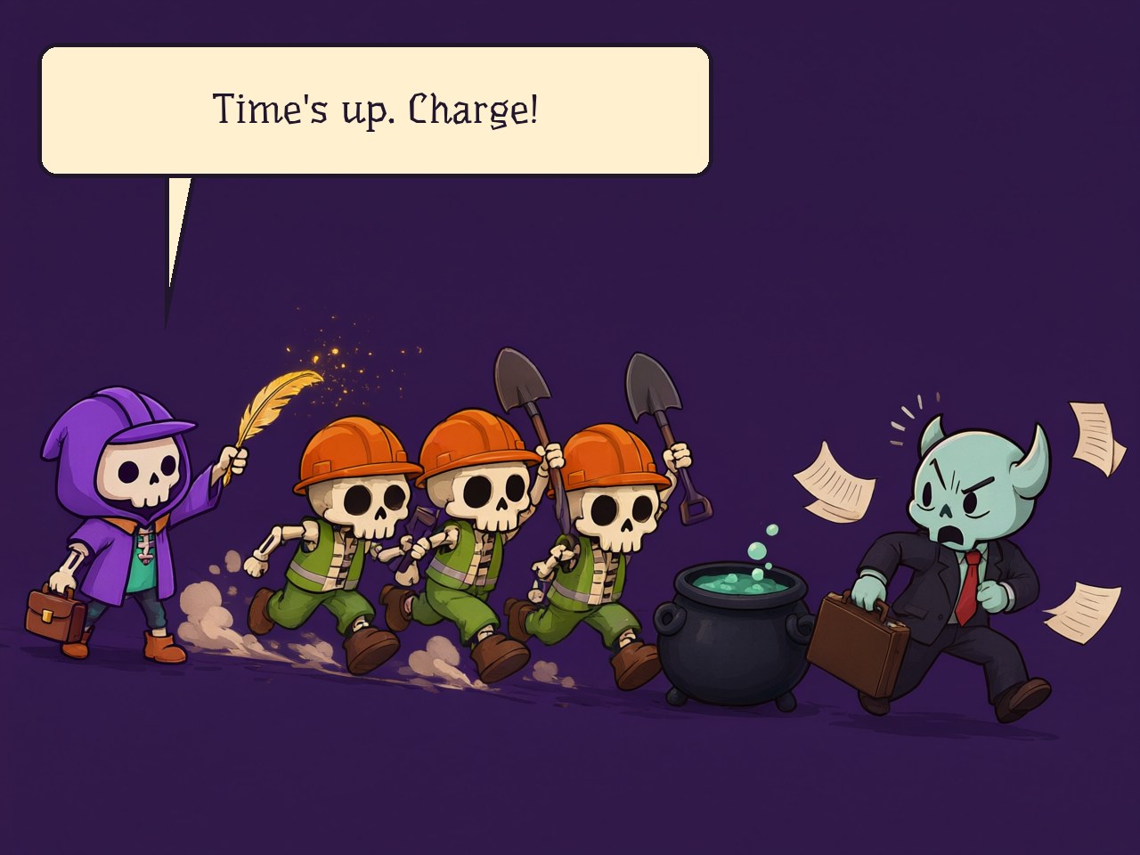 Charge: the contract expires and the squad rushes the inspectors. Time's up. Charge!