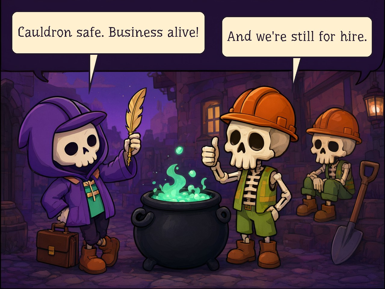 The Soul Cauldron is safe and the firm is still in business. Cauldron safe. Business alive! And we're still for hire.