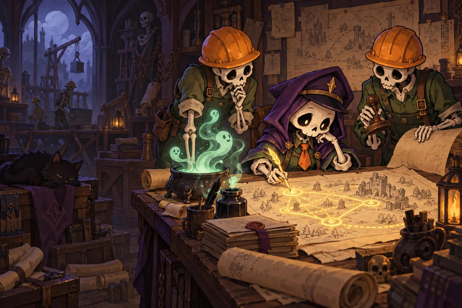 A necromancer draws a contract at his desk while skeletons help in the workshop